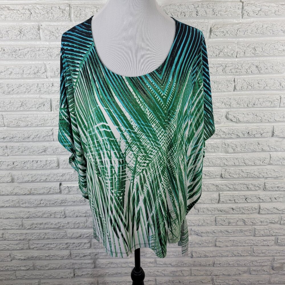 Avenue Womens 18/20 Plus Green Blue Leaf Print Batwing Sleeve Blouse Top WAT20E